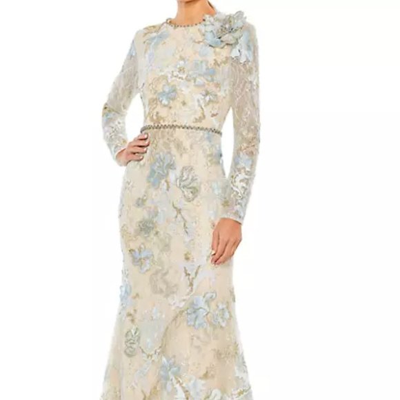 Mac Duggal - 11174 Long Sleeve Floral Accented Long Gown in Ice Blue - Picture 2 of 10